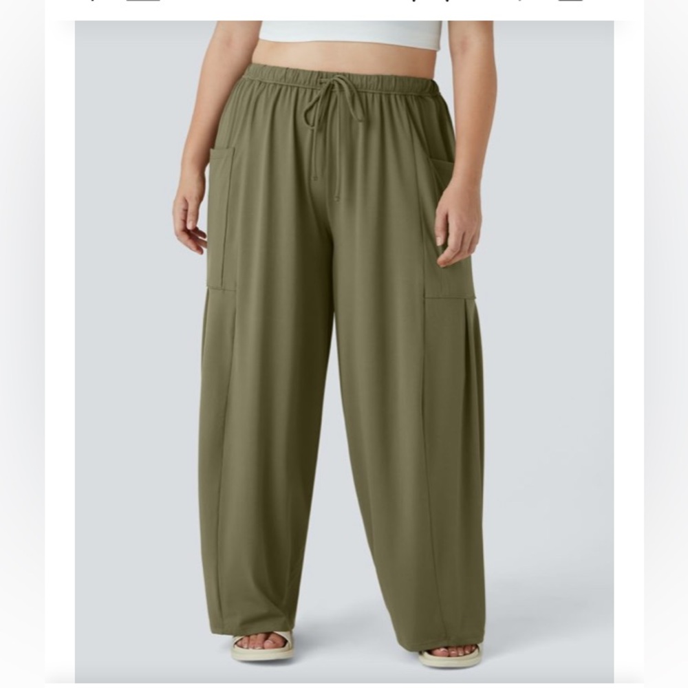 HALARA Olive mid-rise relaxed fit Wide-Leg pocket Pants - Picture 5 of 6
